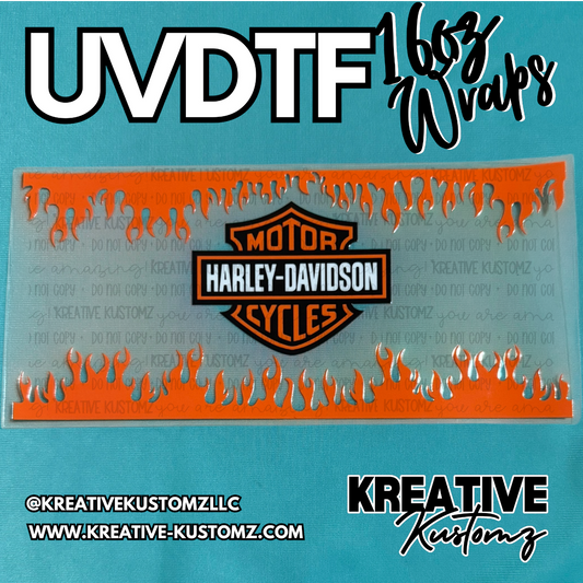 A Harley-Davidson logo cup wrap with orange flames on a clear adhesive sheet.