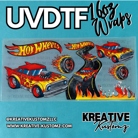 A Hot Wheels themed UV DTF adhesive wrap for a 16oz glass cup featuring cars, tires, and flames.