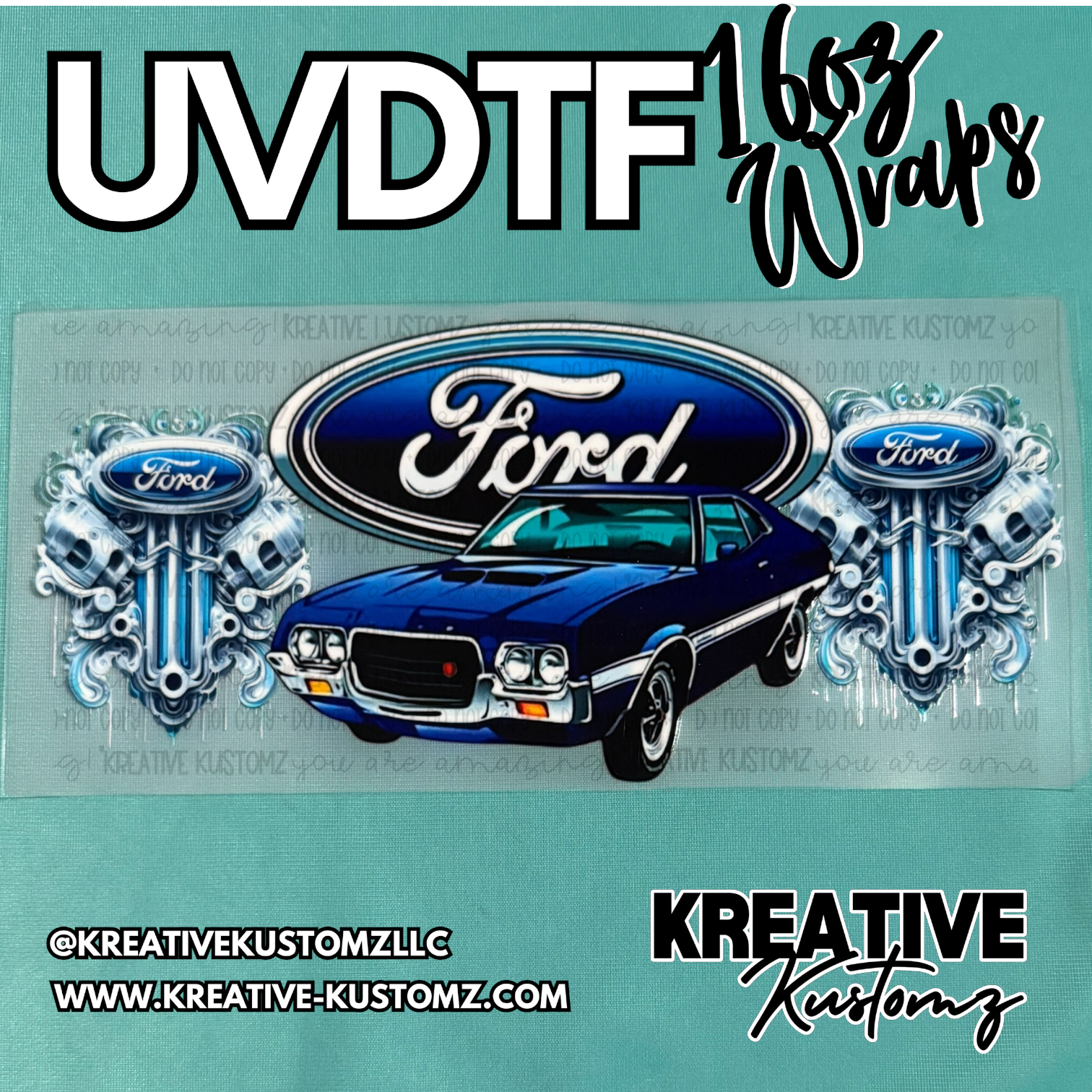 A UV DTF cup wrap featuring a blue Ford muscle car and engine piston graphics.