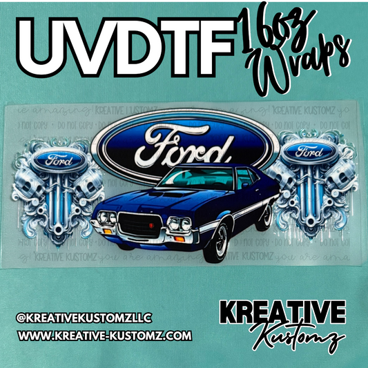 A UV DTF cup wrap featuring a blue Ford muscle car and engine piston graphics.