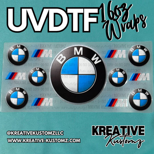 A sheet of BMW logo and M emblem UV DTF adhesive transfers for 16oz glass cups.
