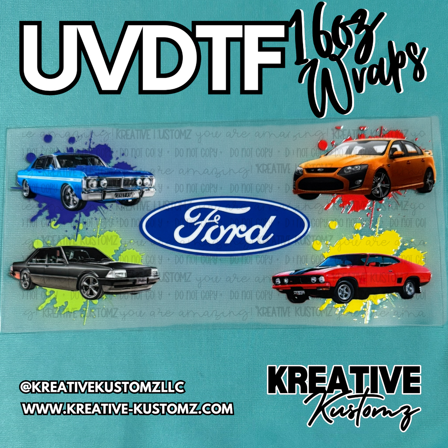 A UV DTF cup wrap featuring four classic Ford cars and a Ford logo on a transparent sheet.