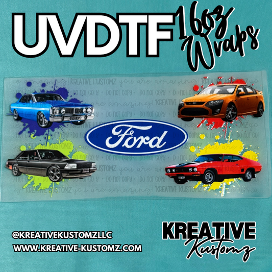 A UV DTF cup wrap featuring four classic Ford cars and a Ford logo on a transparent sheet.