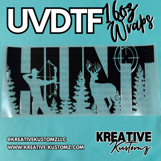 A black UV DTF cup wrap featuring a hunter, a deer, and a crosshair design on a clear backing.