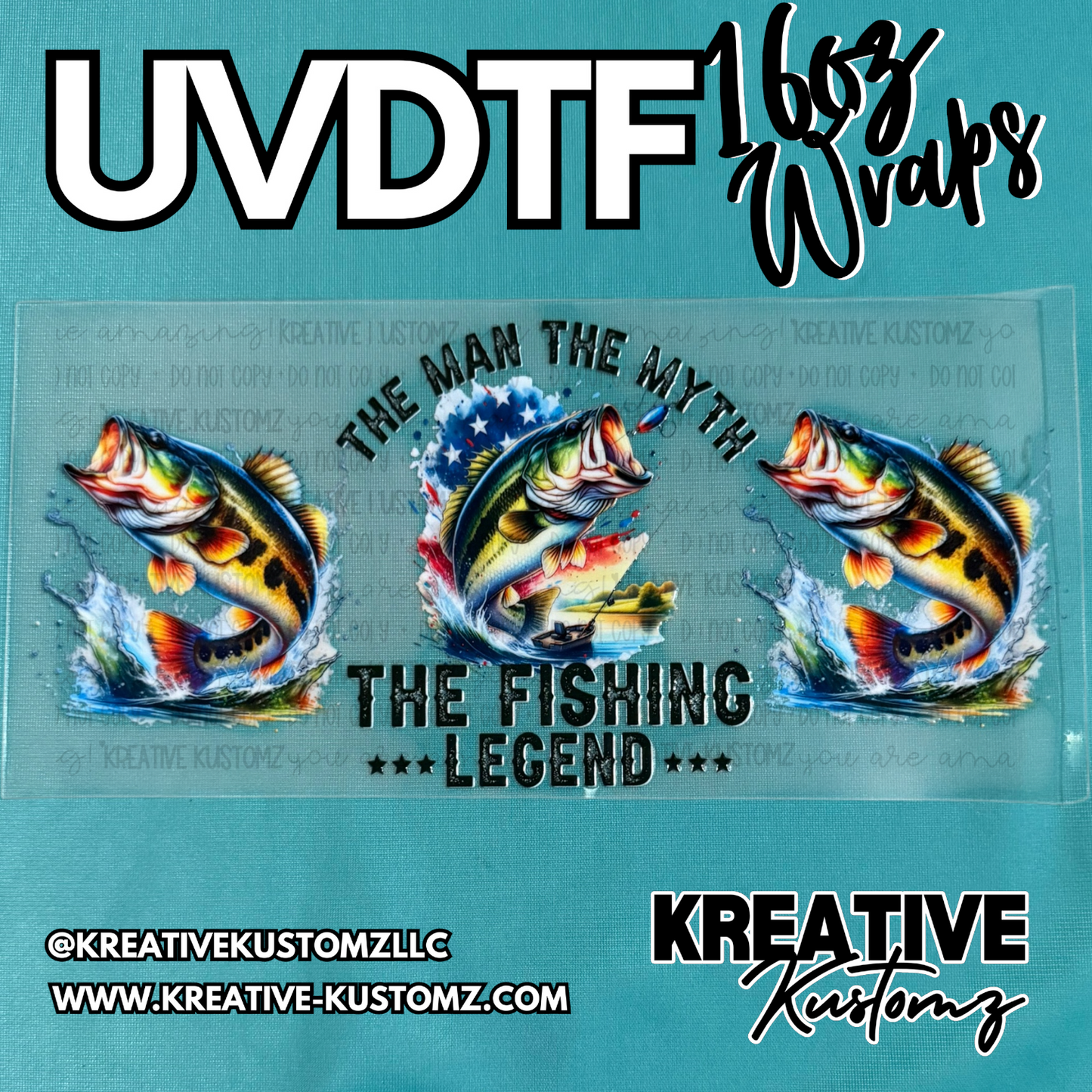 A fishing themed UV DTF cup wrap featuring a jumping bass and the text The Man The Myth The Legend.