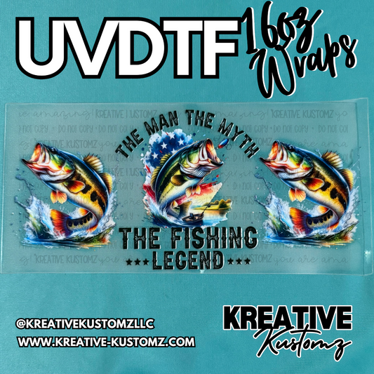 A fishing themed UV DTF cup wrap featuring a jumping bass and the text The Man The Myth The Legend.