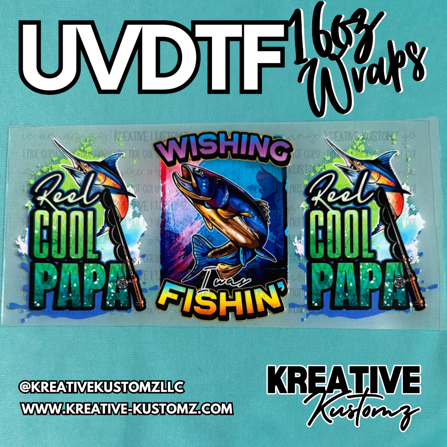 A UV DTF adhesive cup wrap featuring fishing-themed graphics on a clear backing.