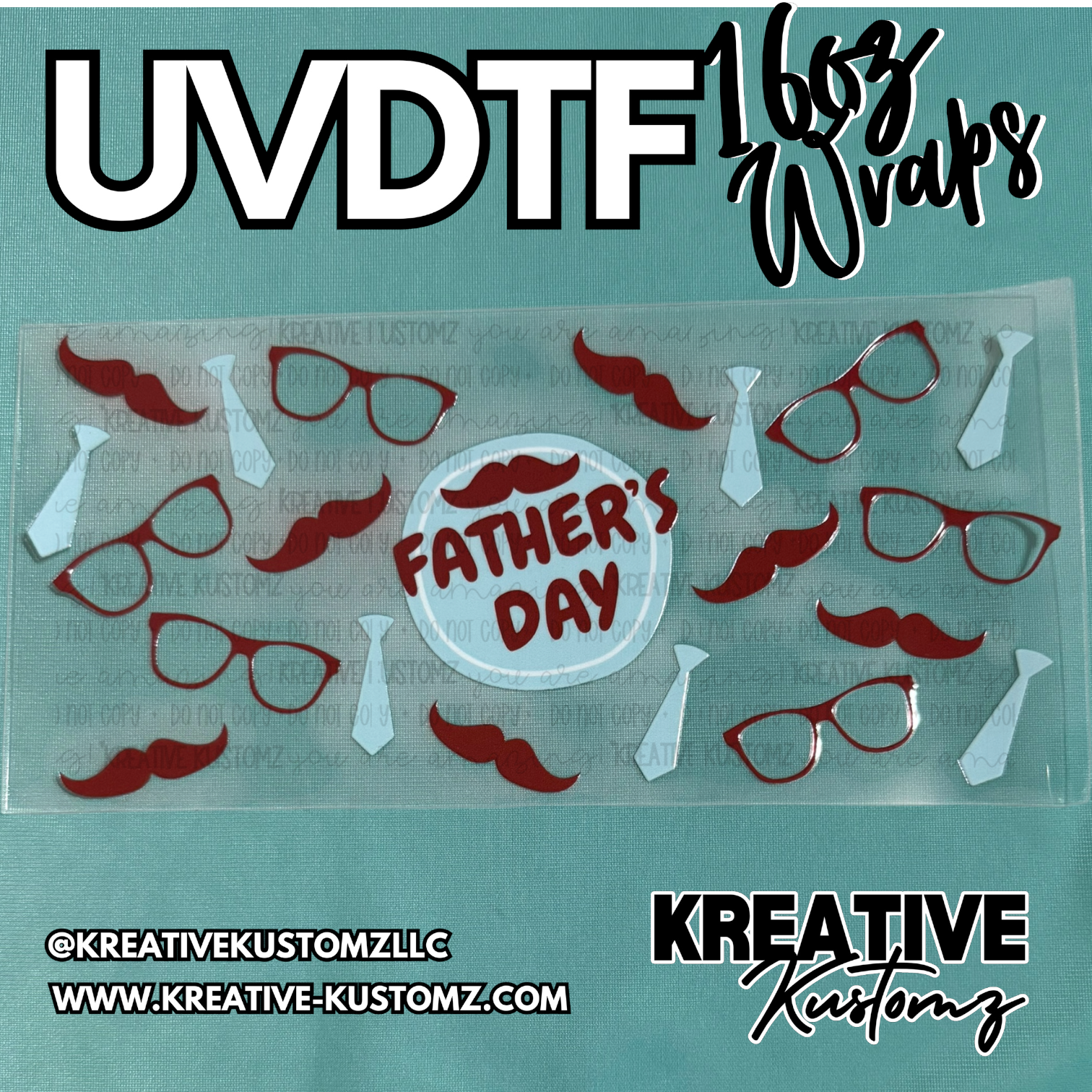 A Father's Day themed UV DTF cup wrap featuring red mustaches, glasses, and ties.