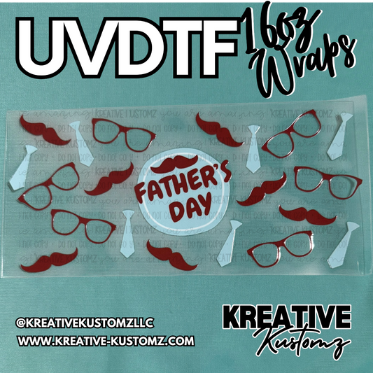 A Father's Day themed UV DTF cup wrap featuring red mustaches, glasses, and ties.