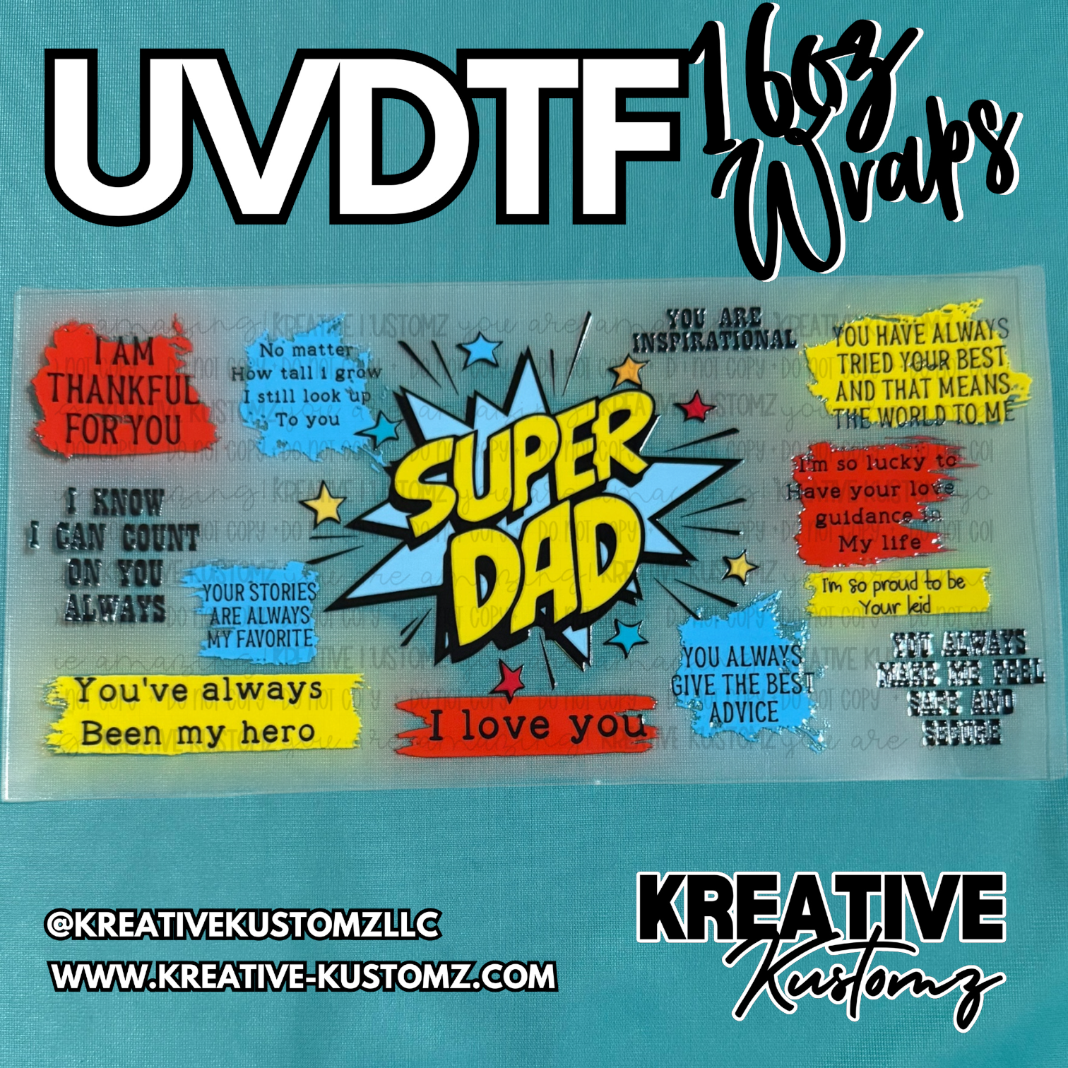 A Super Dad themed UV DTF adhesive cup wrap with colorful text and comic book style graphics.