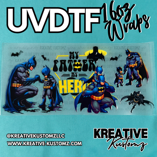 A Batman themed UV DTF adhesive wrap for a 16oz glass cup featuring father and son illustrations.