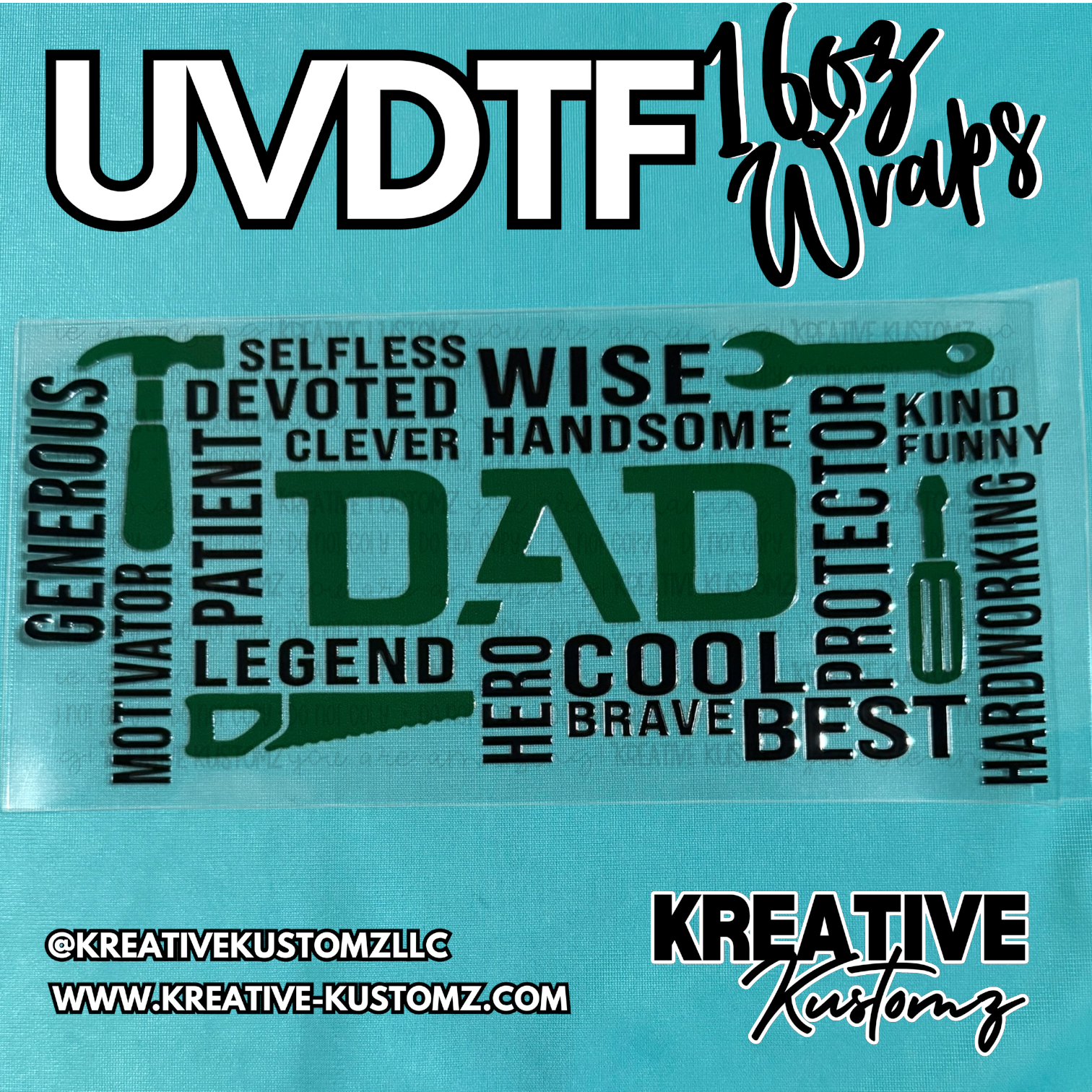 A UV DTF adhesive cup wrap featuring a green and black word art design for a 16oz glass can.