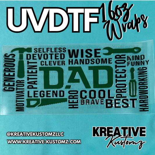 A UV DTF adhesive cup wrap featuring a green and black word art design for a 16oz glass can.