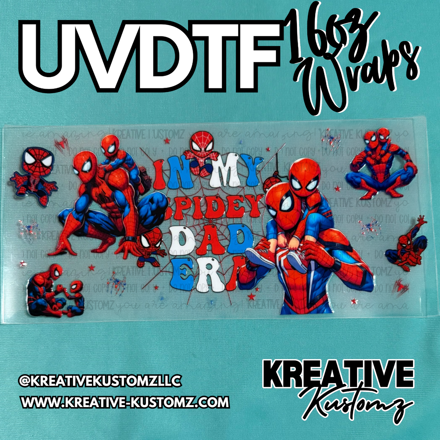 A Spider-Man themed UV DTF adhesive wrap for a 16oz glass cup featuring father and son imagery.