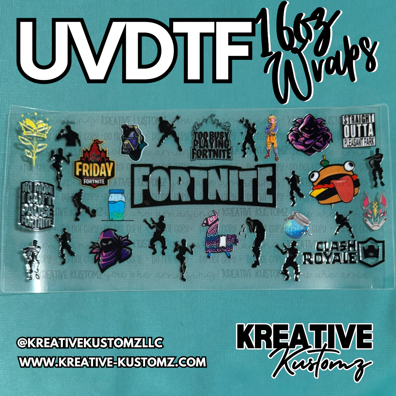 A clear adhesive cup wrap featuring various Fortnite-themed stickers and logos.