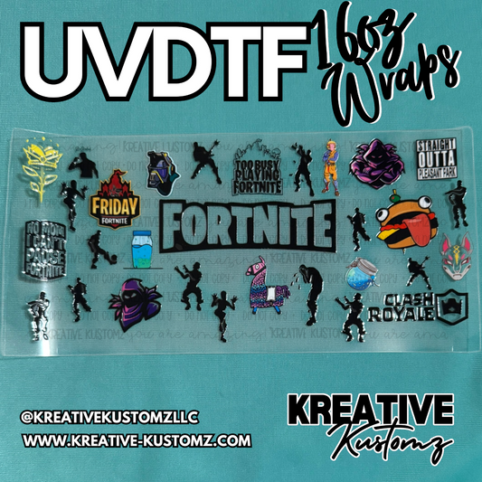 A clear adhesive cup wrap featuring various Fortnite-themed stickers and logos.
