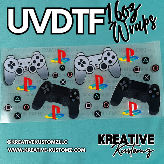 A UV DTF cup wrap sheet featuring PlayStation controllers and gaming symbols on a clear backing.