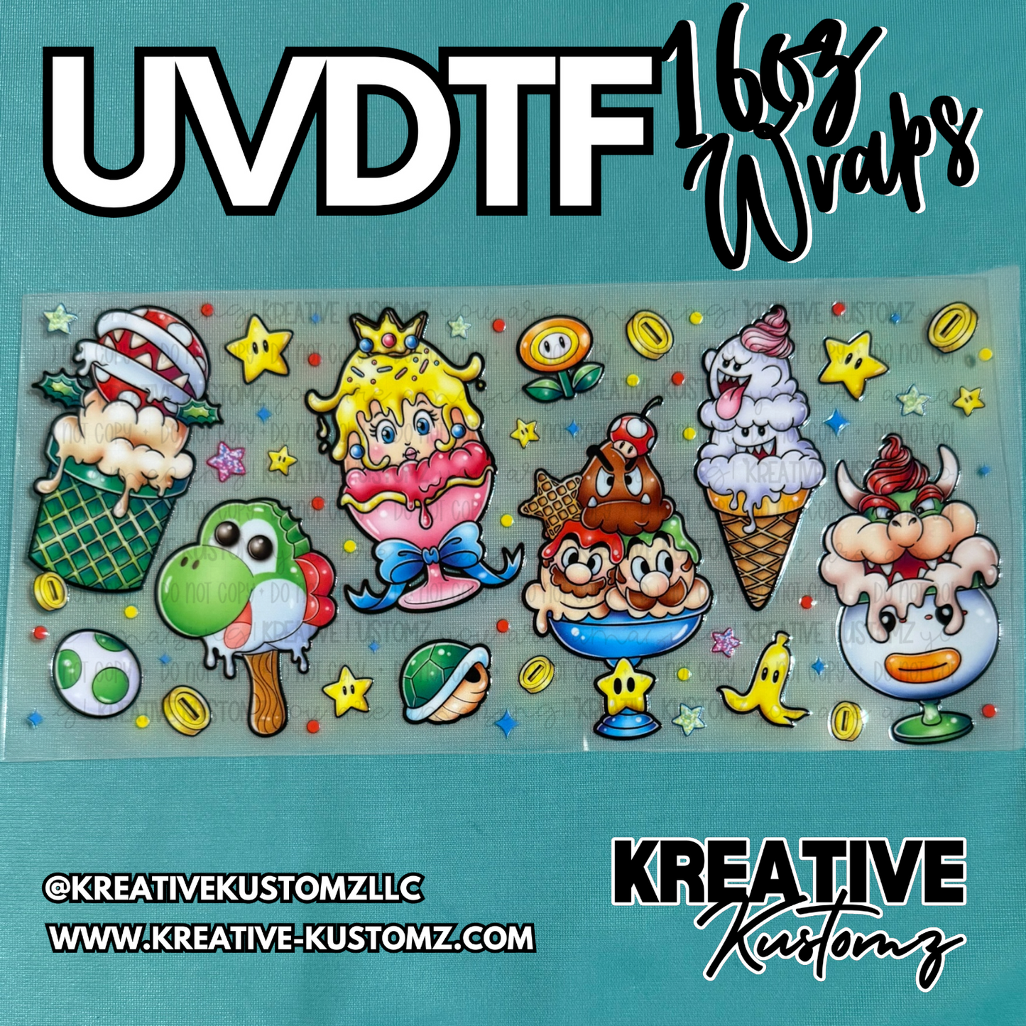 A UV DTF adhesive cup wrap featuring colorful Super Mario themed dessert illustrations.