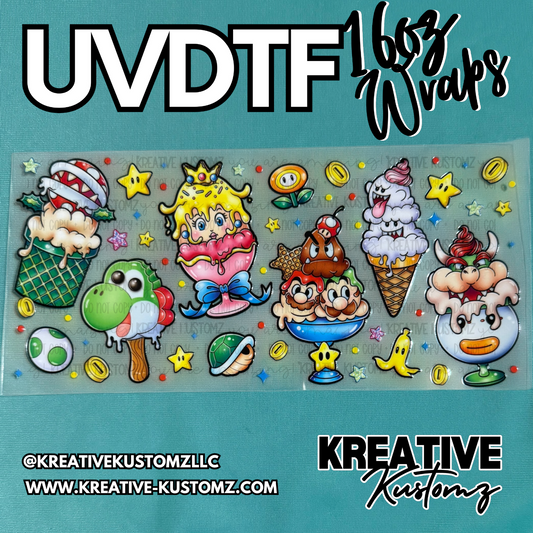 A UV DTF adhesive cup wrap featuring colorful Super Mario themed dessert illustrations.