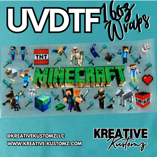 A Minecraft themed UV DTF adhesive wrap for 16oz glass cups featuring various game characters.