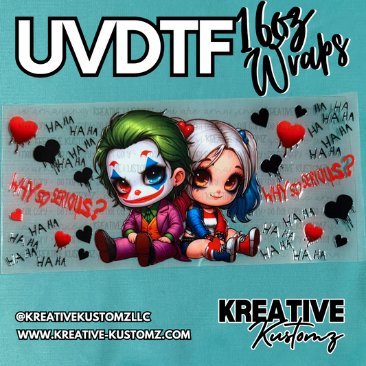 A UV DTF cup wrap featuring chibi Joker and Harley Quinn characters with hearts and text.