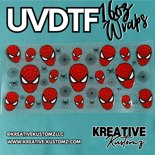 A clear sheet of Spider-Man themed UV DTF cup wrap decals featuring masks, webs, and spiders.