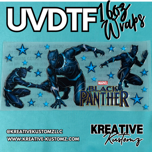 A Black Panther themed UV DTF adhesive wrap for 16oz glass cups featuring three character poses.