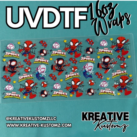 A Spidey and His Amazing Friends UV DTF adhesive wrap for 16oz glass cups.