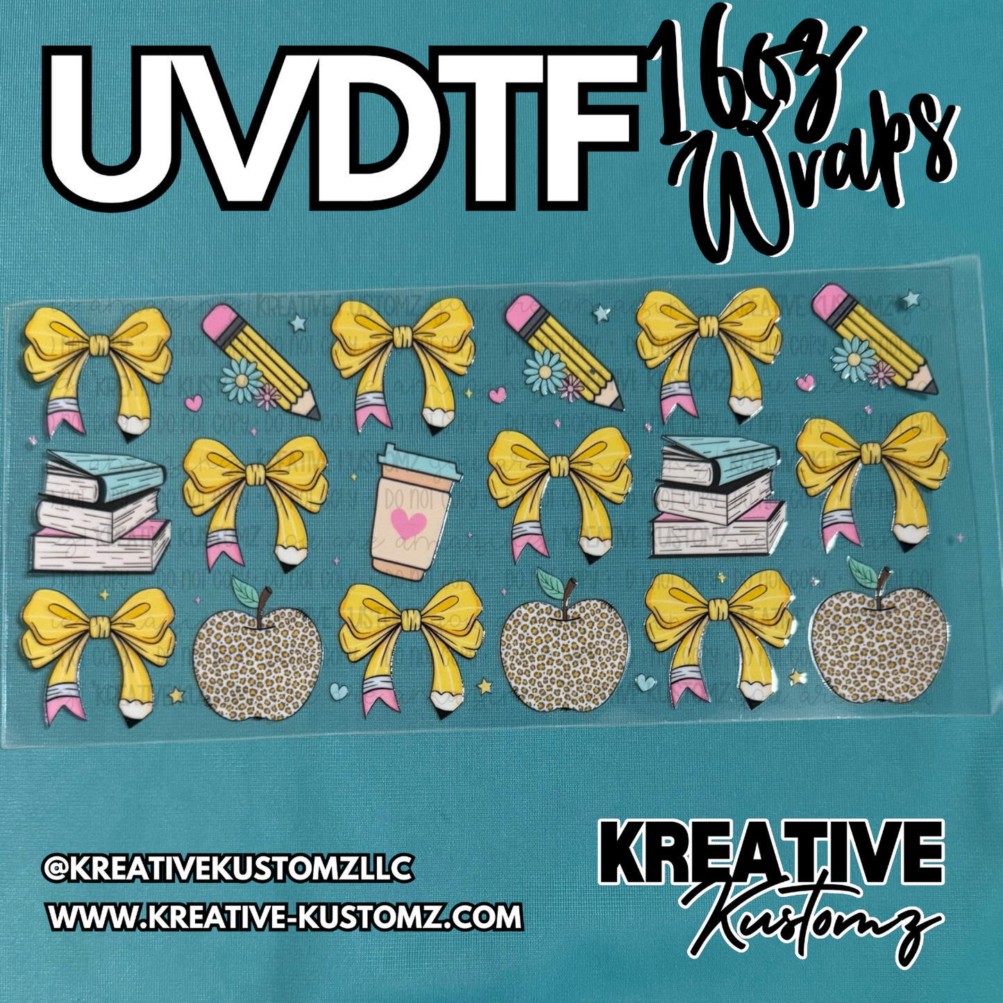 A sheet of school-themed UV DTF cup wraps featuring yellow bows, pencils, books, and apples.