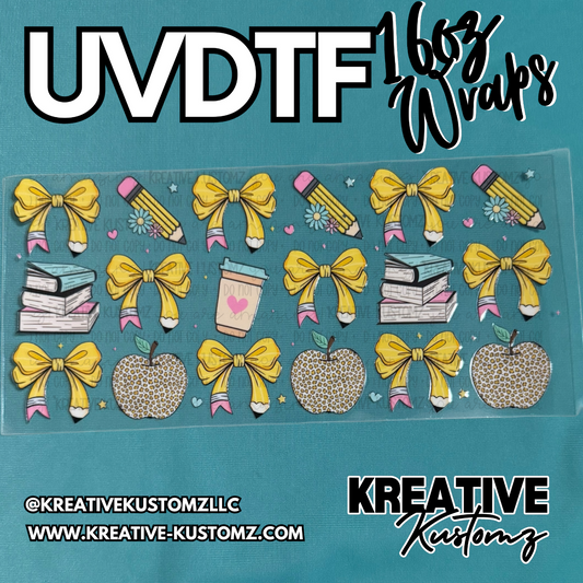 A sheet of school-themed UV DTF cup wraps featuring yellow bows, pencils, books, and apples.