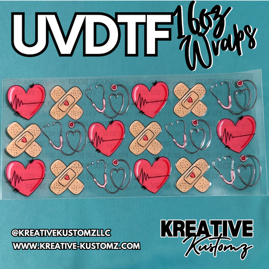 A clear UV DTF cup wrap sheet featuring a repeating pattern of hearts, bandages, and stethoscopes.