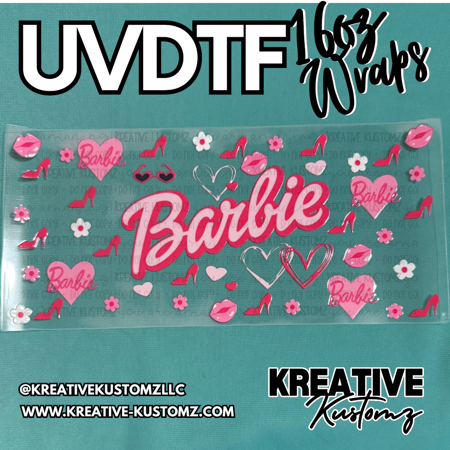 A Barbie themed UV DTF adhesive wrap for 16oz glass cups featuring hearts, lips, and flowers.