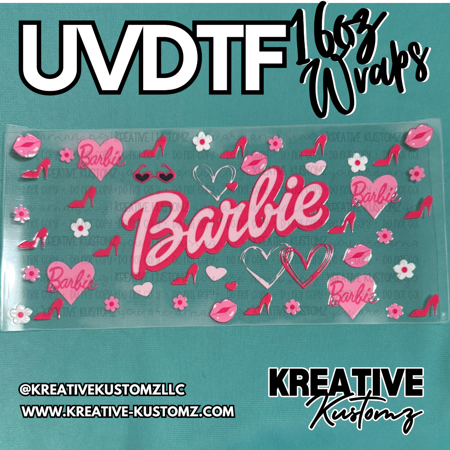 A Barbie themed UV DTF adhesive wrap for 16oz glass cups featuring hearts, lips, and flowers.