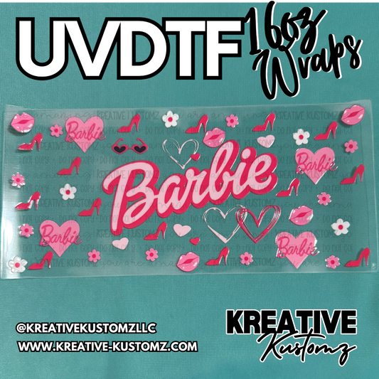 A Barbie themed UV DTF adhesive wrap for 16oz glass cups featuring hearts, lips, and flowers.