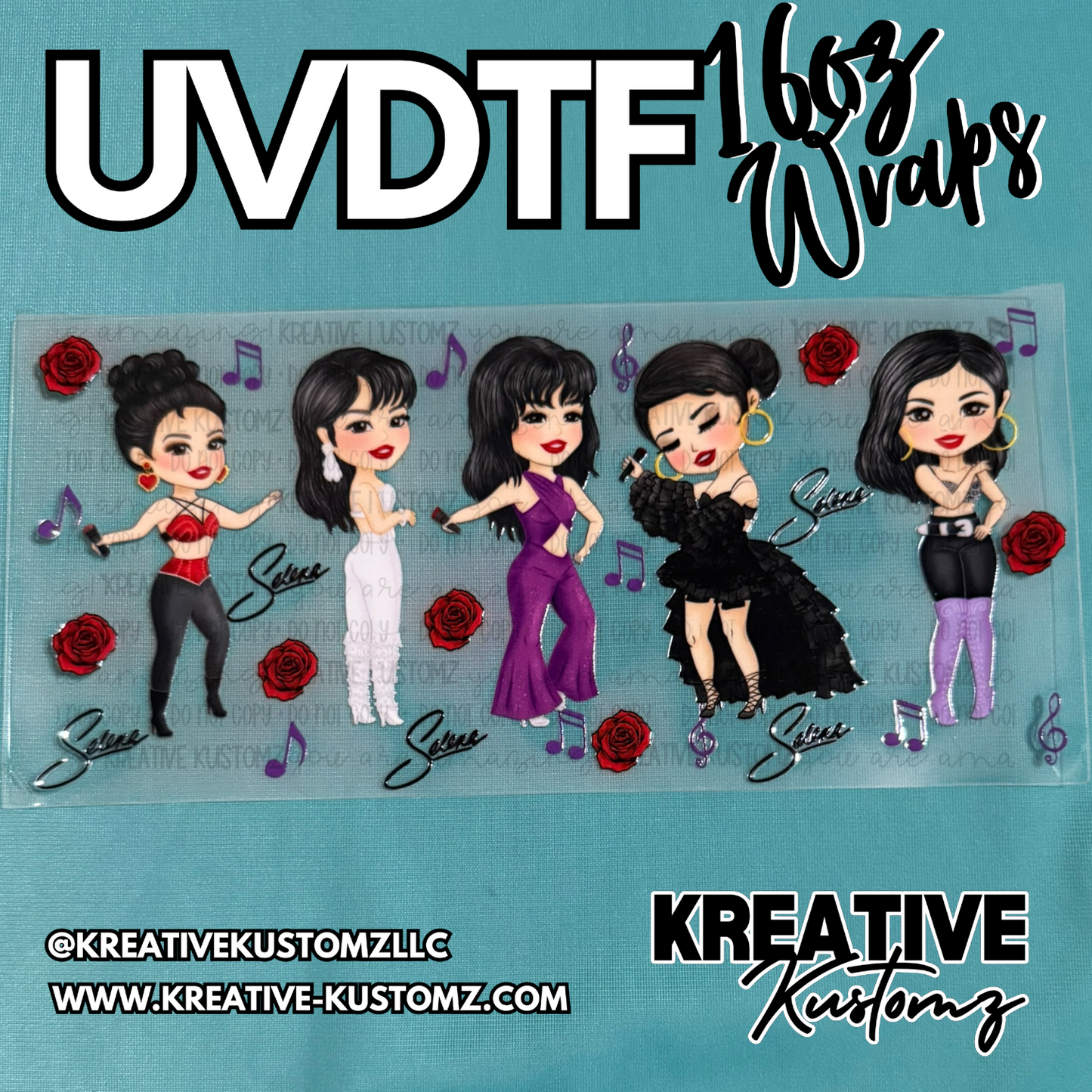 A UV DTF adhesive cup wrap featuring five cartoon illustrations of Selena with roses and notes.