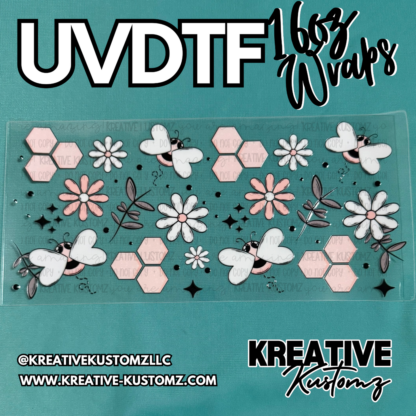 A UV DTF cup wrap featuring a pattern of bees, pink flowers, and hexagons on a clear sheet.