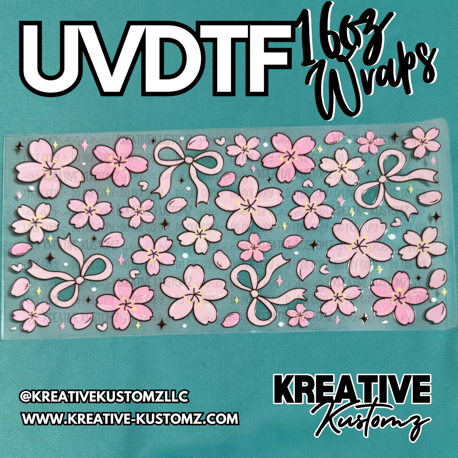 A rectangular adhesive cup wrap featuring a pattern of pink cherry blossoms and bows.