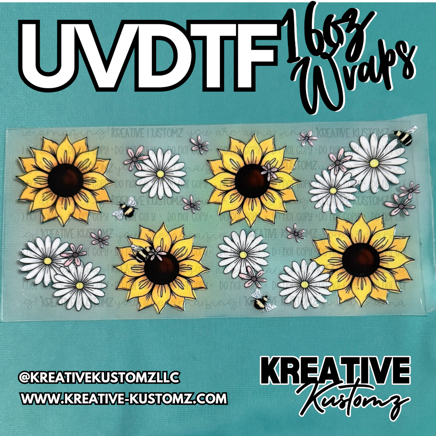 A floral UV DTF cup wrap featuring sunflowers, daisies, and bees on a clear adhesive sheet.