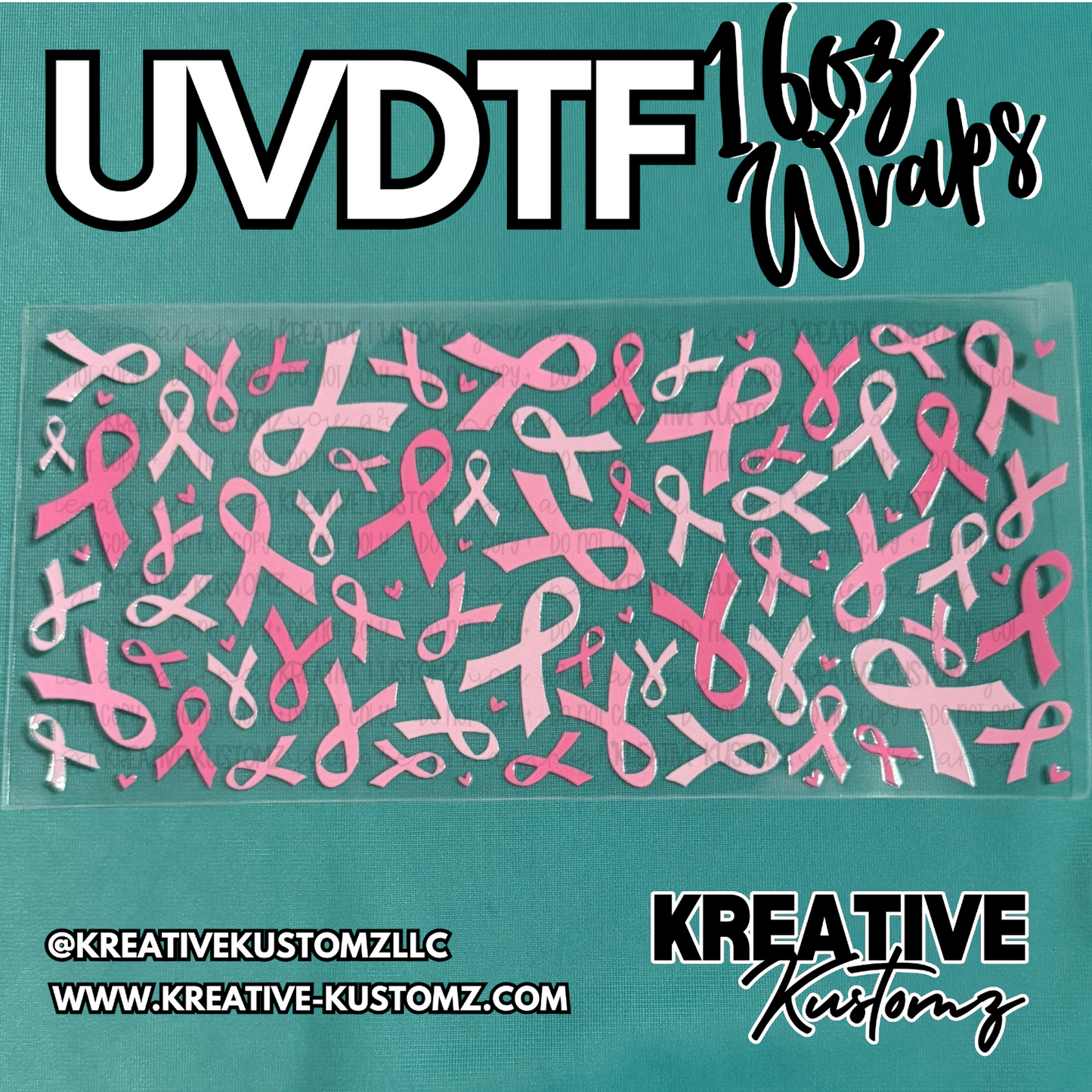 A rectangular UV DTF adhesive cup wrap featuring a pattern of pink breast cancer awareness ribbons.