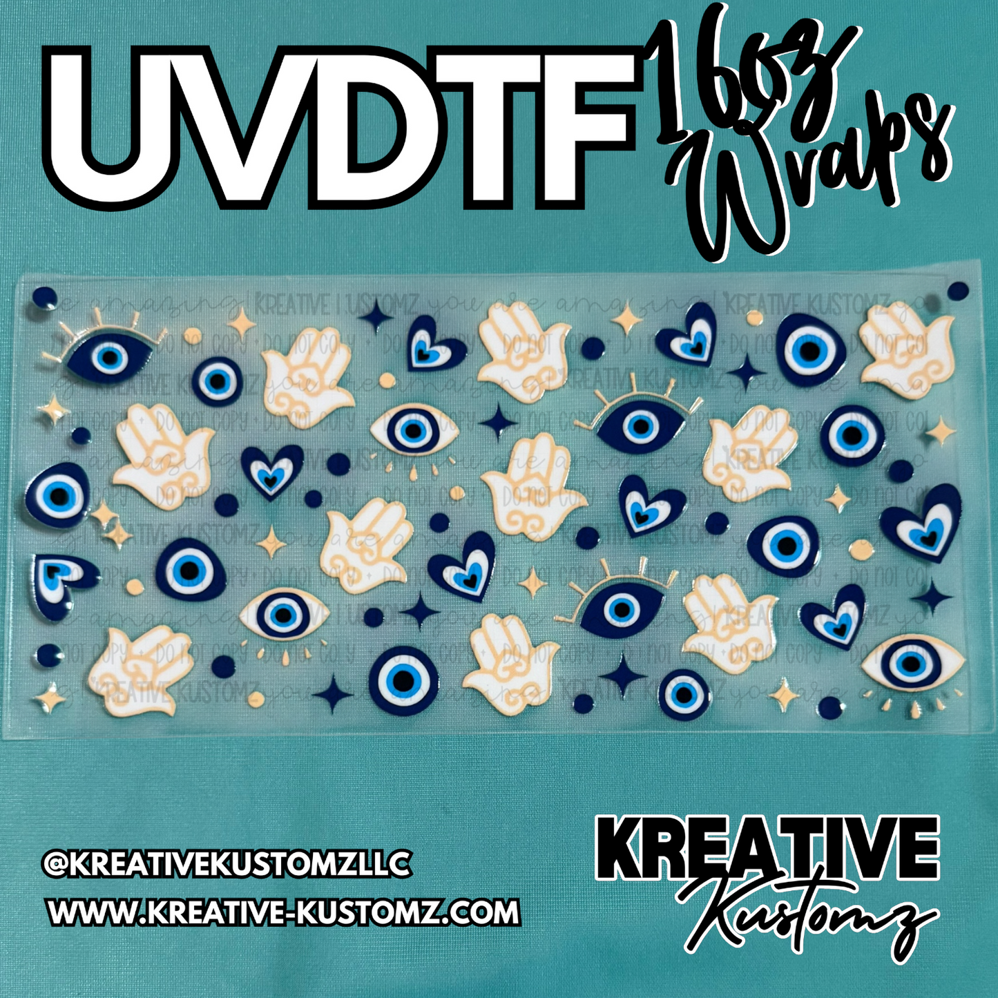 A UV DTF adhesive cup wrap featuring a pattern of blue evil eyes, hamsa hands, and hearts.