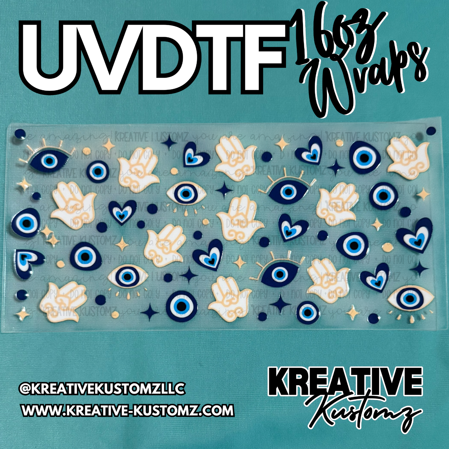 A UV DTF adhesive cup wrap featuring a pattern of blue evil eyes, hamsa hands, and hearts.