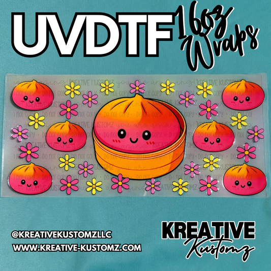 A UV DTF cup wrap featuring a large dumpling in a steamer basket surrounded by small colorful flowers.