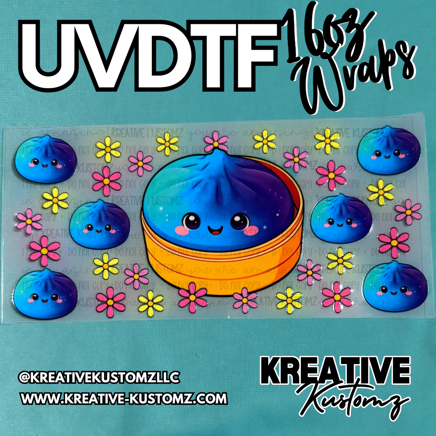 A UV DTF adhesive cup wrap featuring cute blue dumplings and colorful flowers.