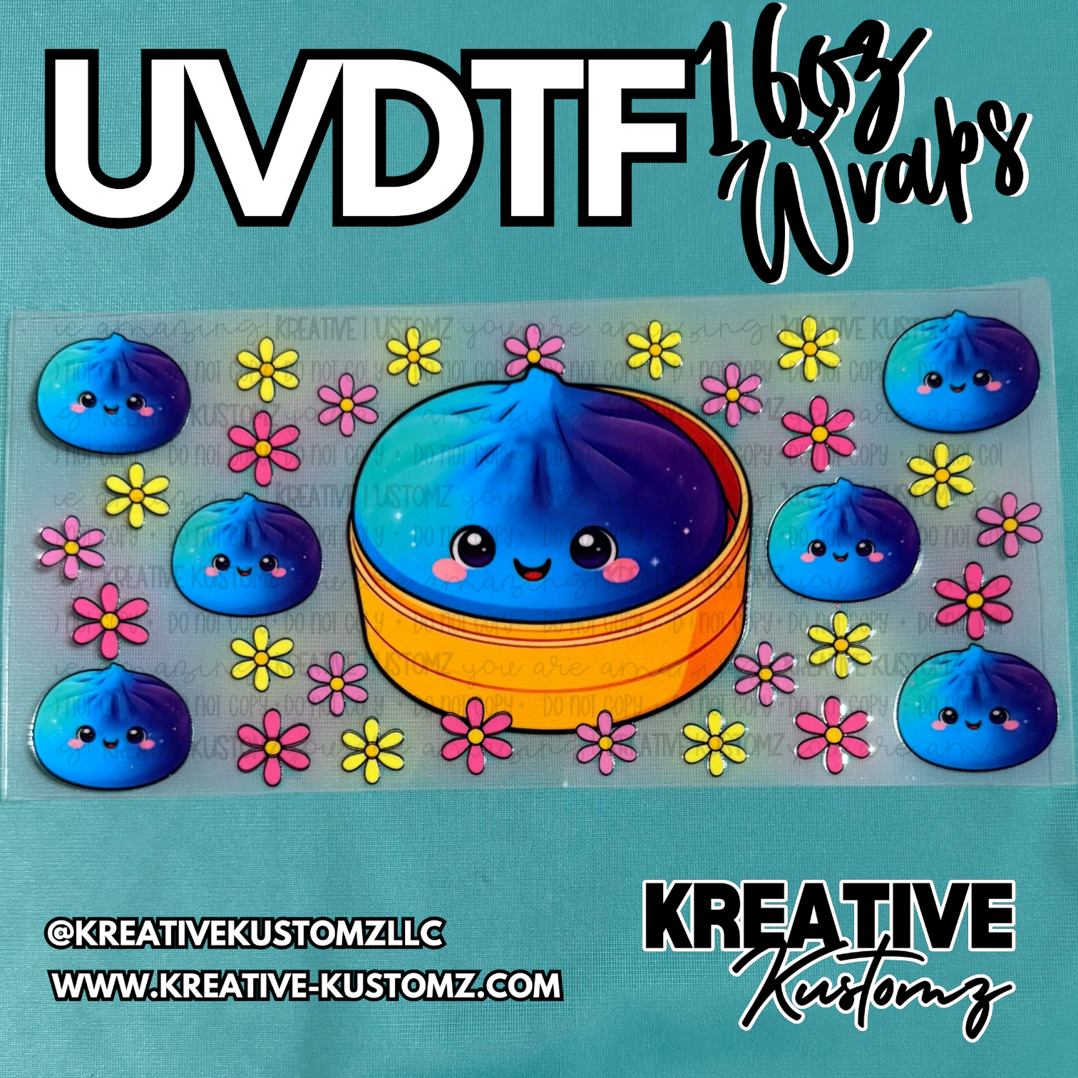 A UV DTF adhesive cup wrap featuring cute blue dumplings and colorful flowers.
