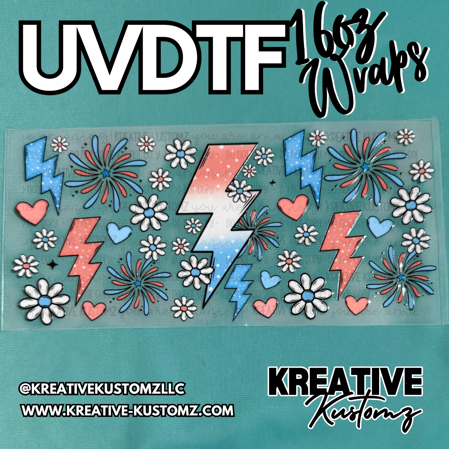 A UV DTF cup wrap featuring red, white, and blue lightning bolts, flowers, and fireworks.