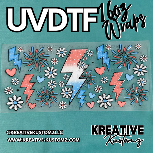 A UV DTF cup wrap featuring red, white, and blue lightning bolts, flowers, and fireworks.