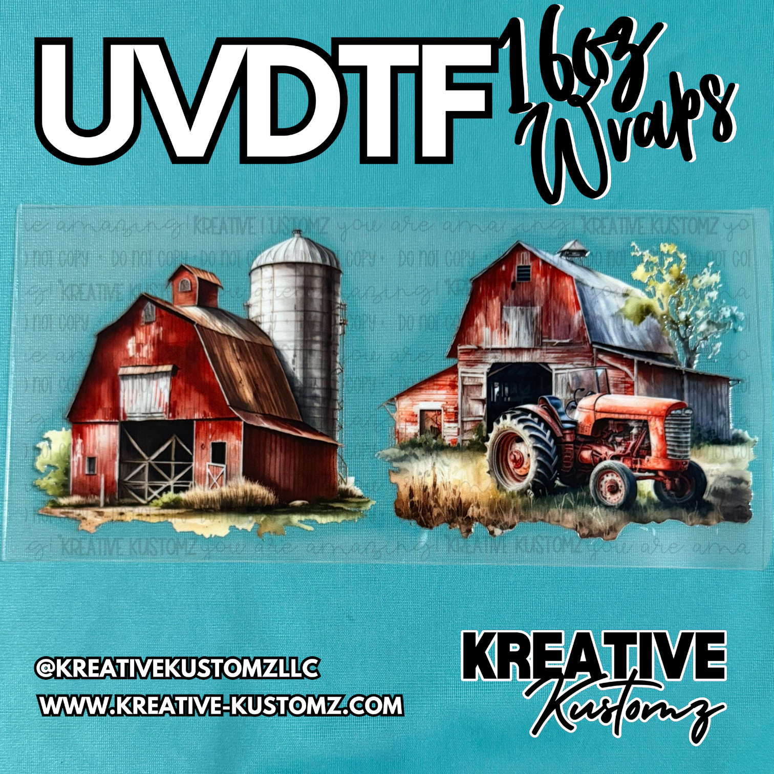 A UV DTF cup wrap featuring a red barn with a silo and a tractor on a clear adhesive sheet.