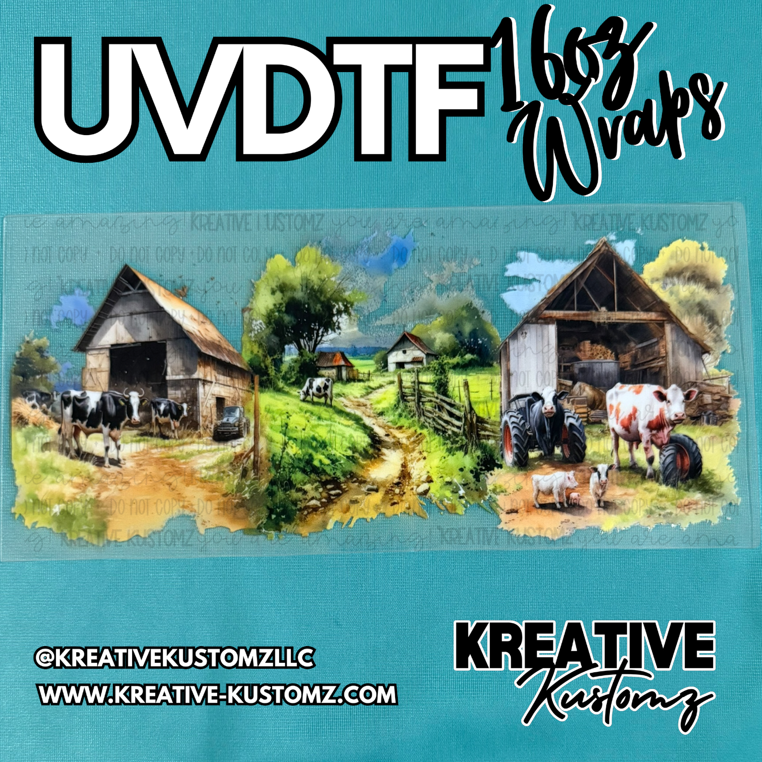 A rectangular UV DTF cup wrap featuring a watercolor farm scene with barns and cows.
