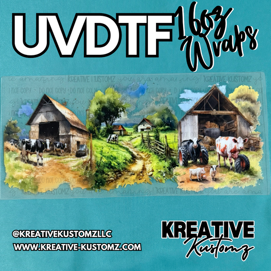 A rectangular UV DTF cup wrap featuring a watercolor farm scene with barns and cows.