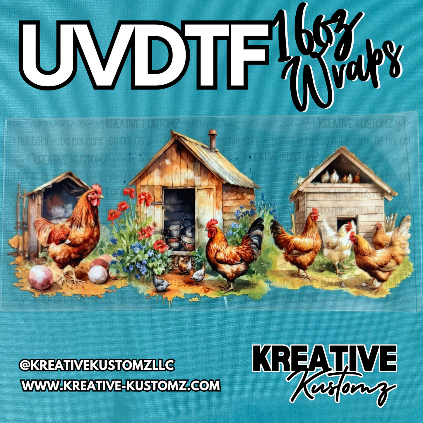 A rectangular UV DTF cup wrap featuring a watercolor illustration of chickens and wooden coops.